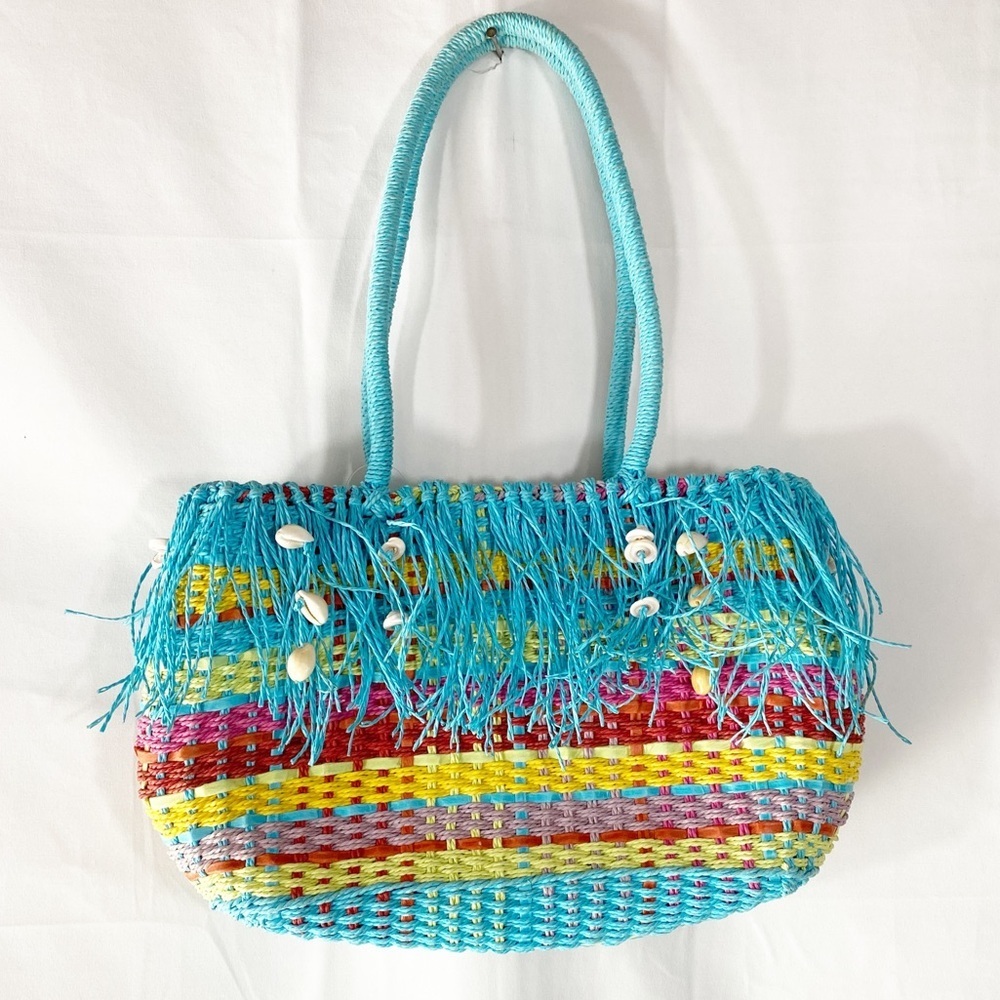 Tropical Trends | Handmade Turquoise Woven Shell Accent Bag–Boho Beach -Vacation